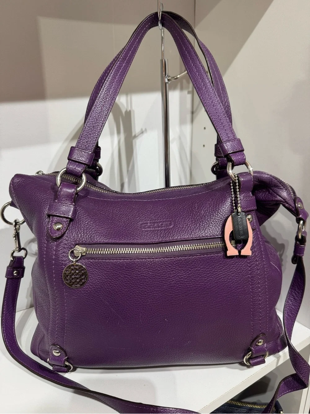 Coach Alexandria Purple Pebbled Leather Shoulder Bag with Pink Charm